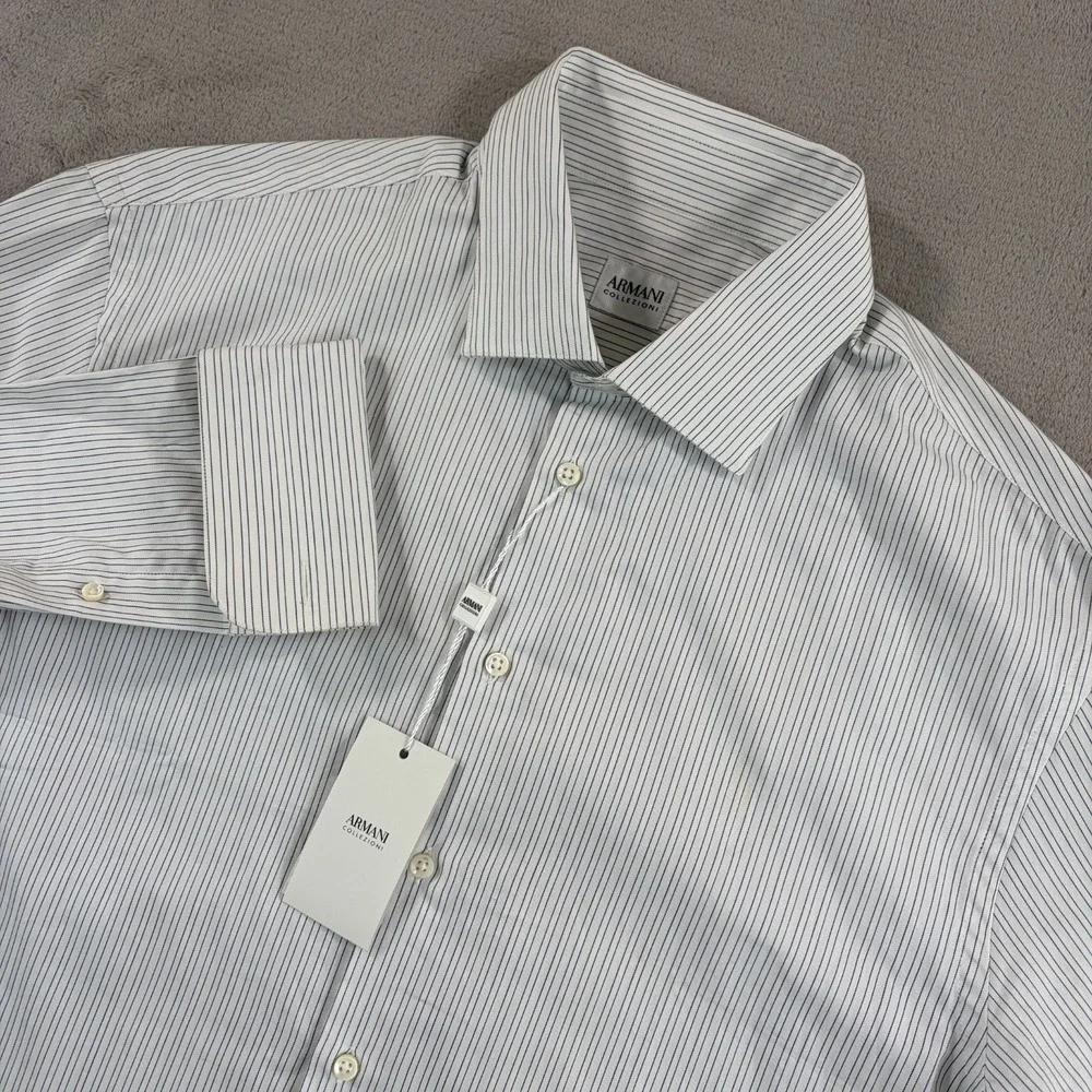 Armani Collezioni French Cuff Shirt in White Grey Striped Large 42 16.5 NWT
